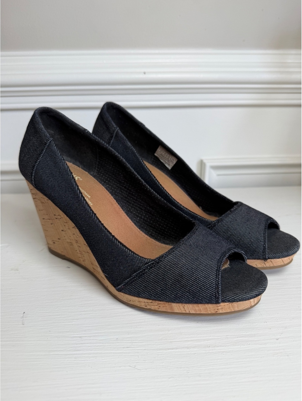 TOMS Women's Stella Blue Denim Cork Wedge Peep Toe Heels. Size 8.5